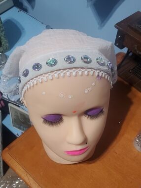White Decorative Headscarf with Iridescent Gem Trim